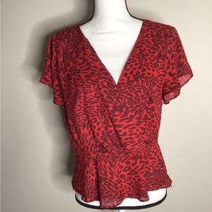 Fame and Partners The Laura Top Wrap Blouse 10 Red Leopard Print Flutter Sleeves